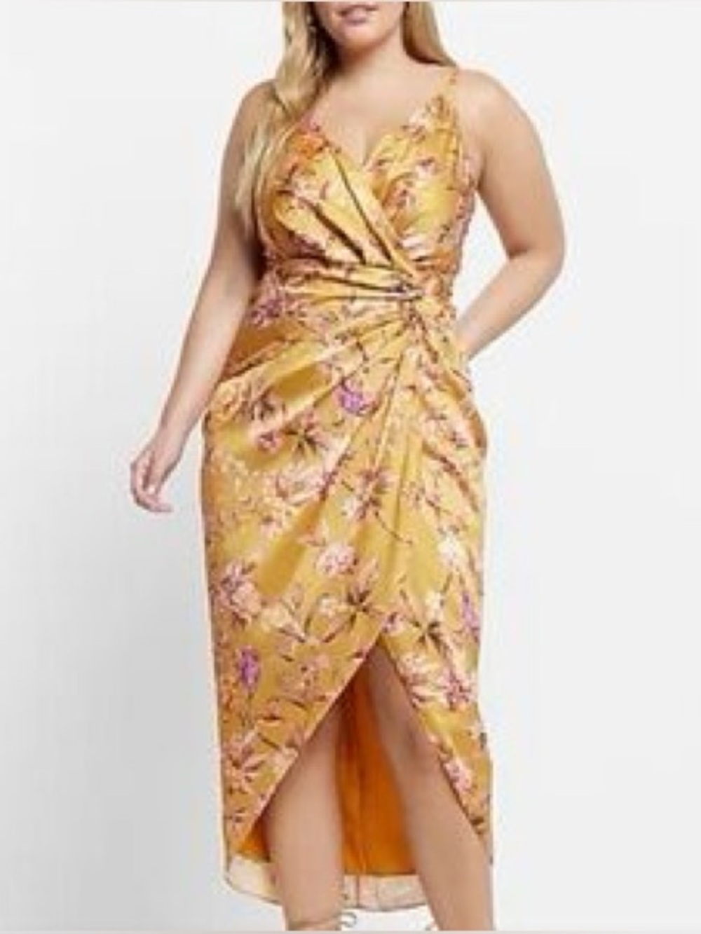 Express Yellow Floral Wrap Midi Dress - Size XL